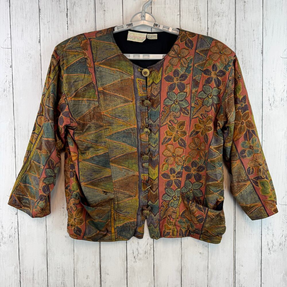 VTG Passports Pier 1 Orange Green Geo Floral Toggle Front Crop 3/4 Jacket Small